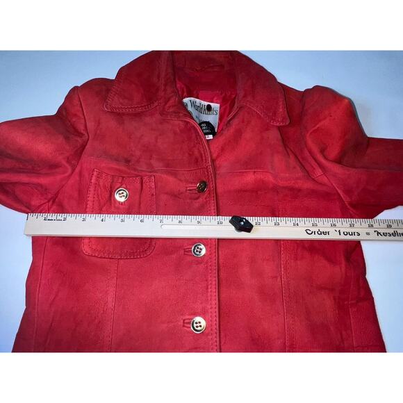 World Knits Suede Coat Women’s Size 12 Red Gold Buttons Leather Jacket Vintage - Picture 6 of 15